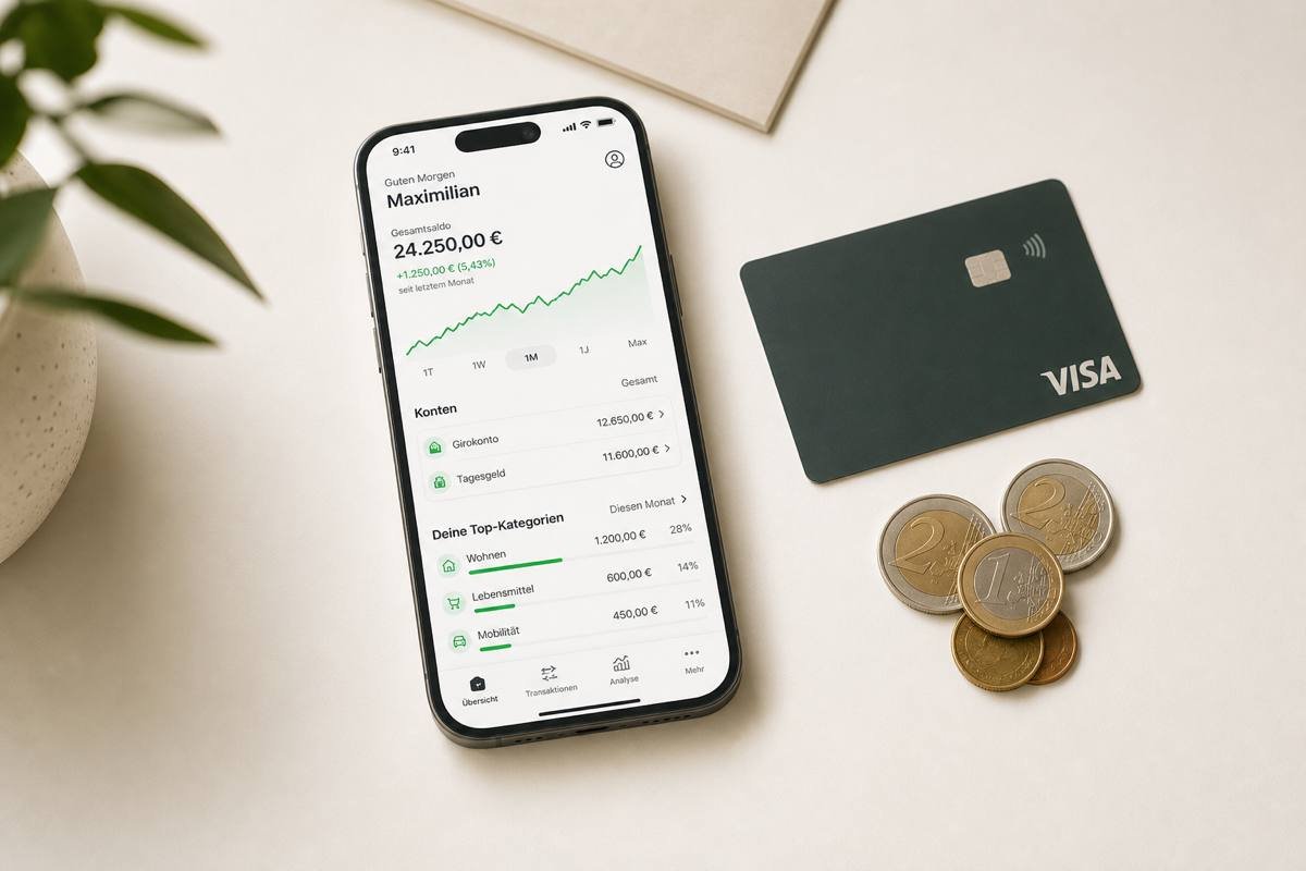 Smartphone mit Banking-App, Visa-Karte und Euro-Münzen — Girokonto-Vergleich 2026